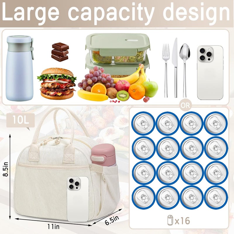 Carry bloom Lunch Box for Women, Insulated Lunch Bag Cute Corduroy Lunchbag Reusable Lunchbox for Work (1 green white stripes) - Image 4